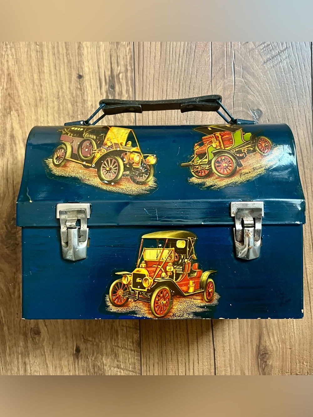 Vintage Metal Lunchbox Classic Antique Cars Blue Plaid Interior Retro Tool Box